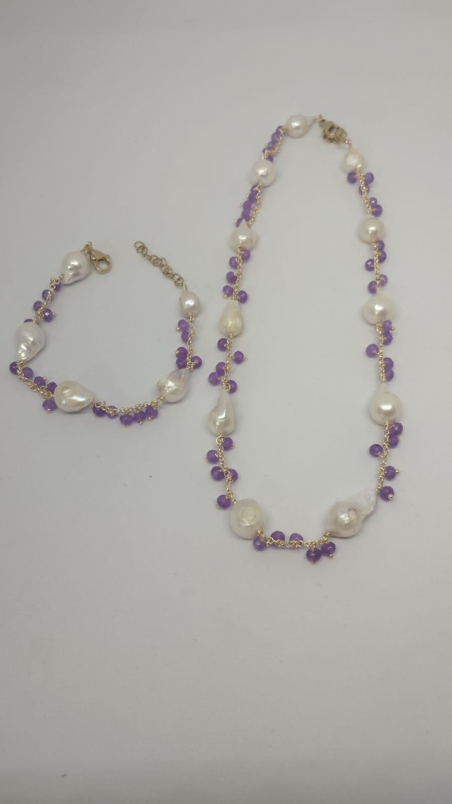Set Collana e Bracciale Perle Barocche e Agate Viola | Pezzo Unico Firmato Lory