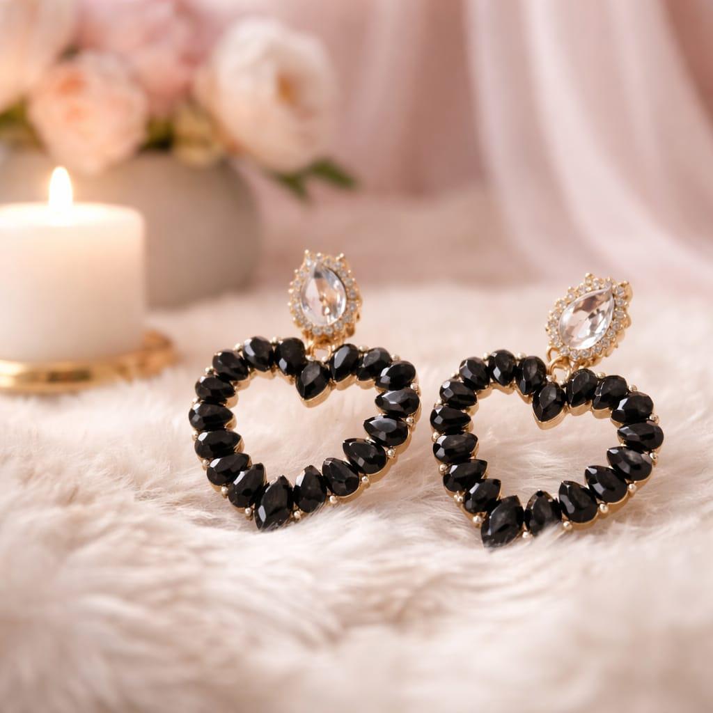 Orecchini Cuore nero e rosa strass