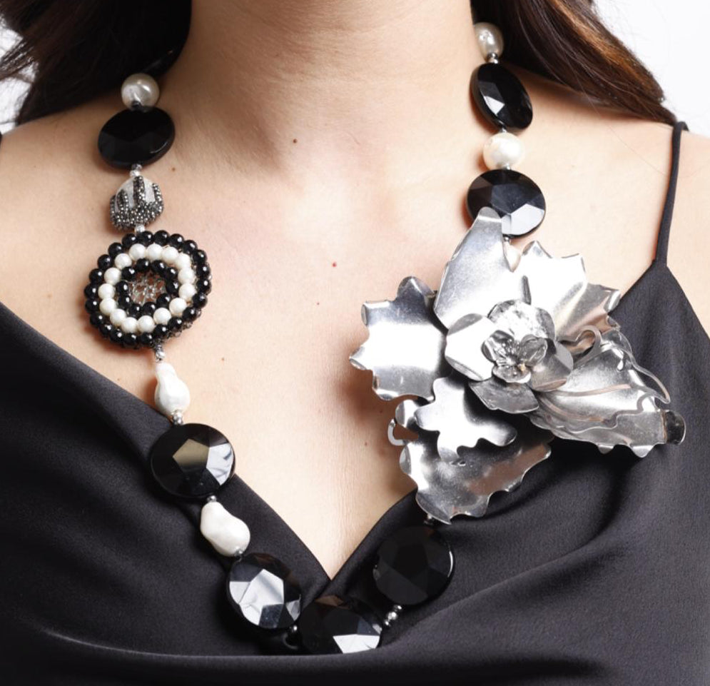 ✨ Collana Notte Elegante - Calcedonio Nero, Onice, Perle e Marcasiti | Pezzo Unico Firmato Lory 💎