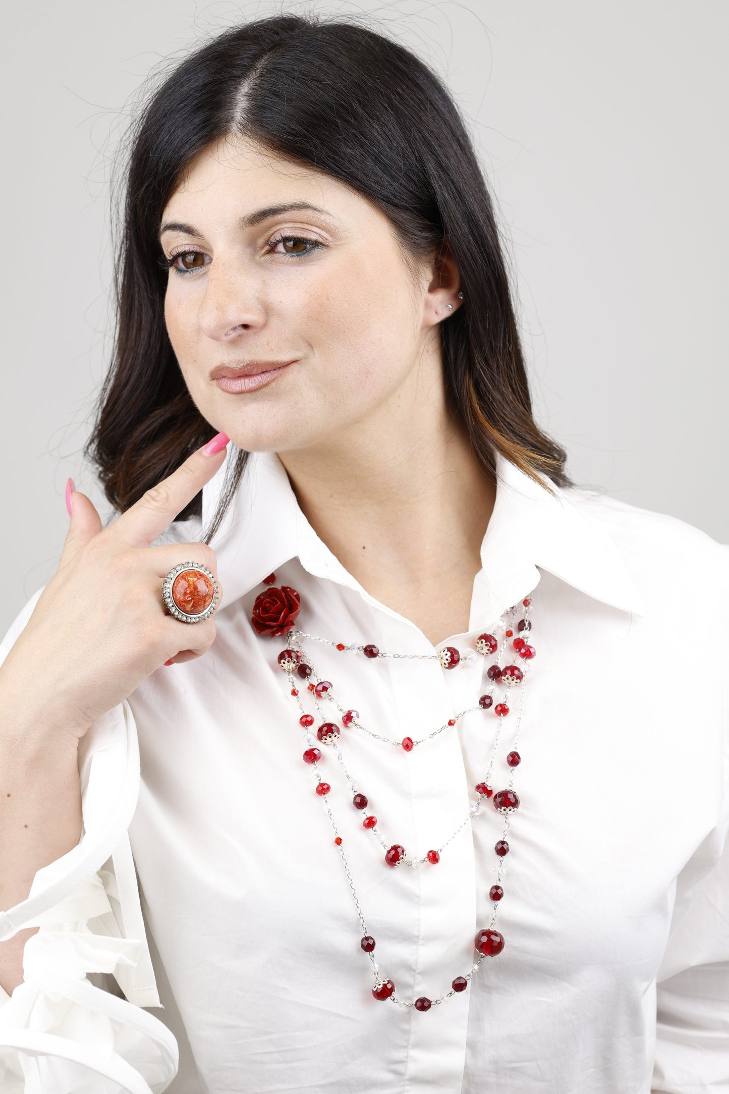 Rosa di Boreali e Corallo Rosso - 4 Fili Swarovski | Pezzo Unico  Firmato Lory