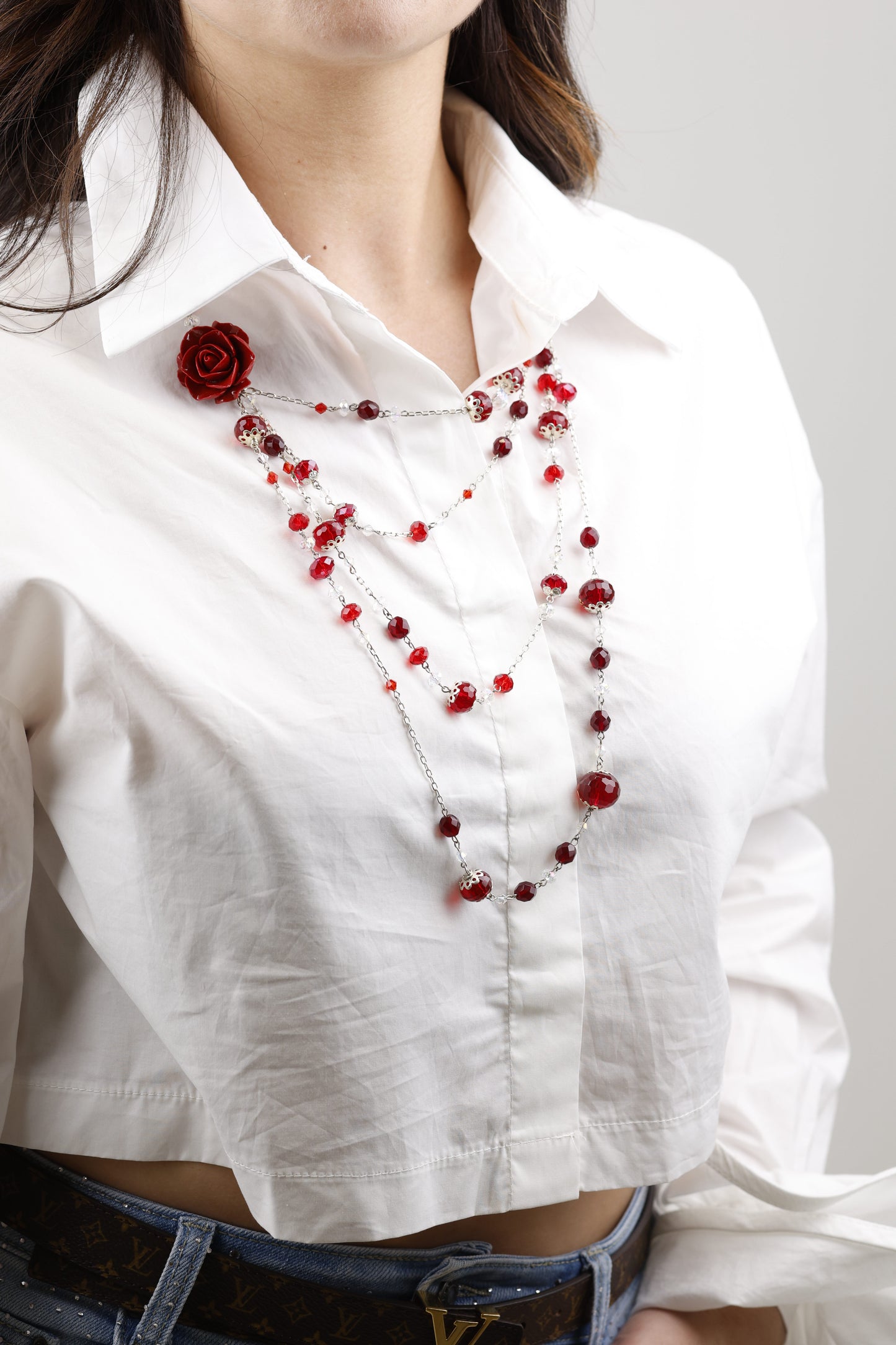 Rosa di Boreali e Corallo Rosso - 4 Fili Swarovski | Pezzo Unico  Firmato Lory