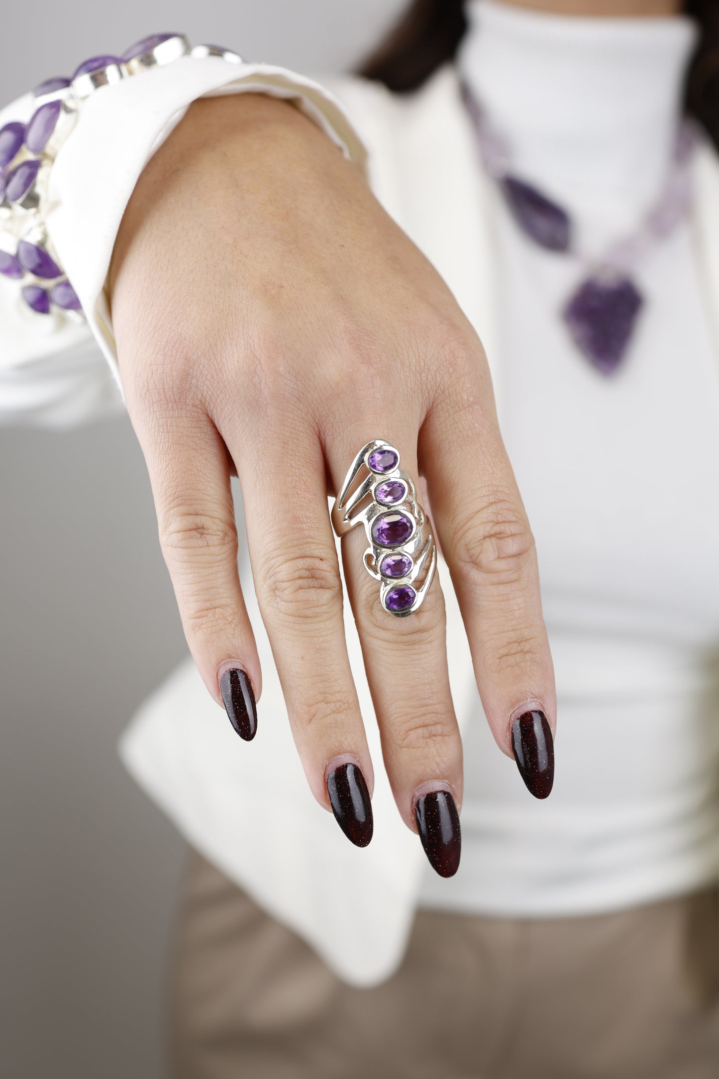 Anello Raggi d'Ametista - 5 Ametiste Brasile Argento 925 | Pezzo Unico