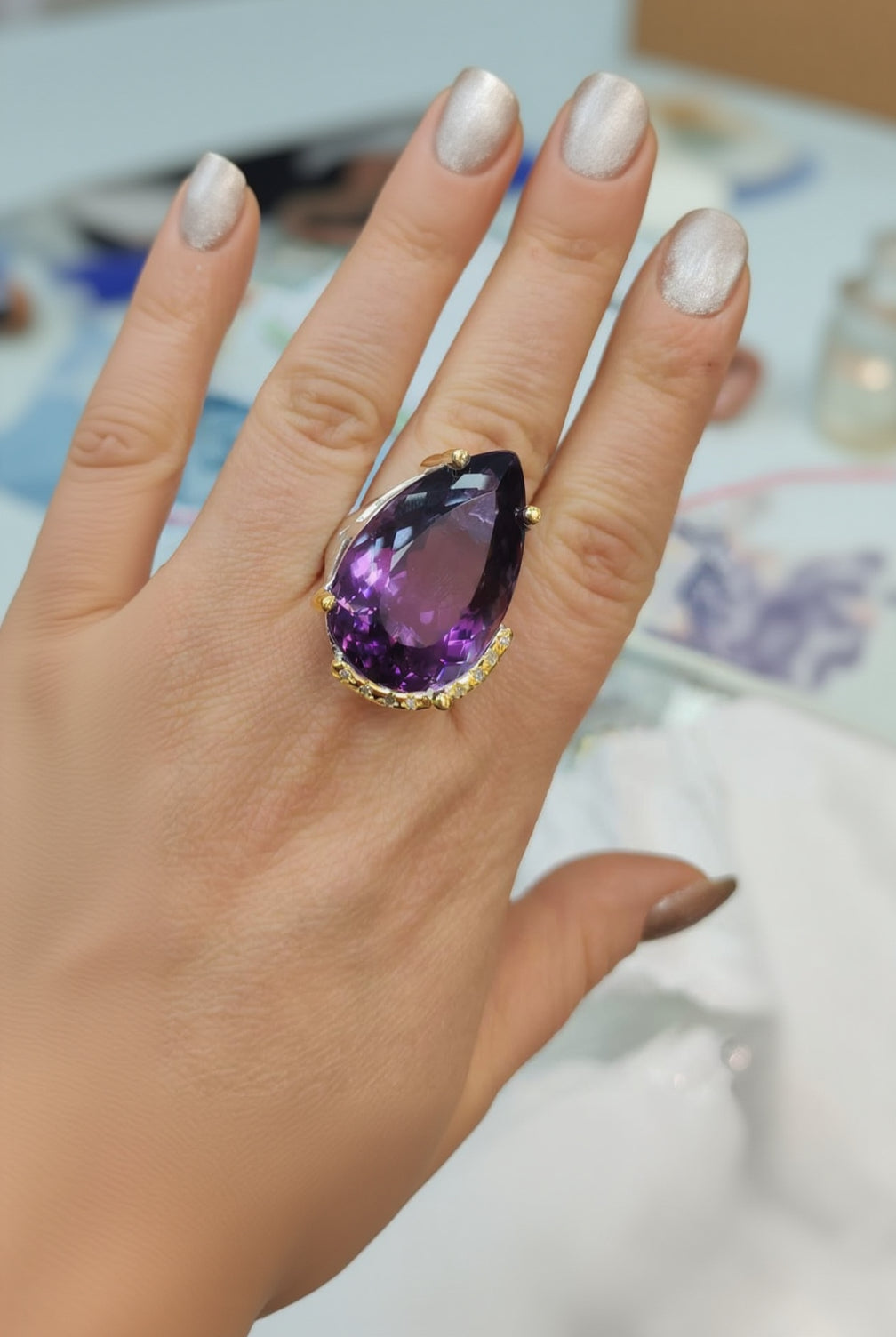 Goccia di Ametista - 45 ct Diamanti Argento 925 | Pezzo Unico