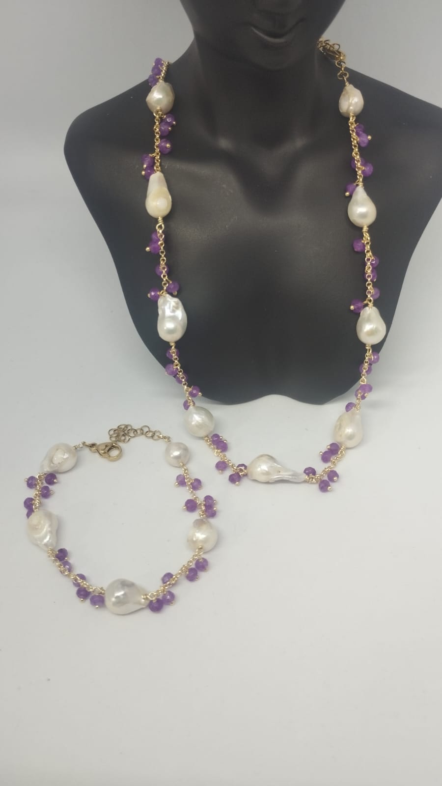 Set Collana e Bracciale Perle Barocche e Agate Viola | Pezzo Unico Firmato Lory