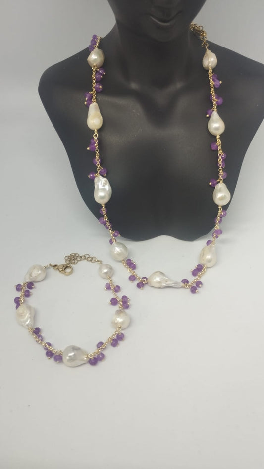 Set Collana e Bracciale Perle Barocche e Agate Viola | Pezzo Unico Firmato Lory