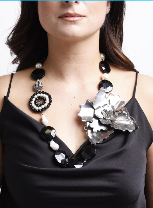 ✨ Collana Notte Elegante - Calcedonio Nero, Onice, Perle e Marcasiti | Pezzo Unico Firmato Lory 💎