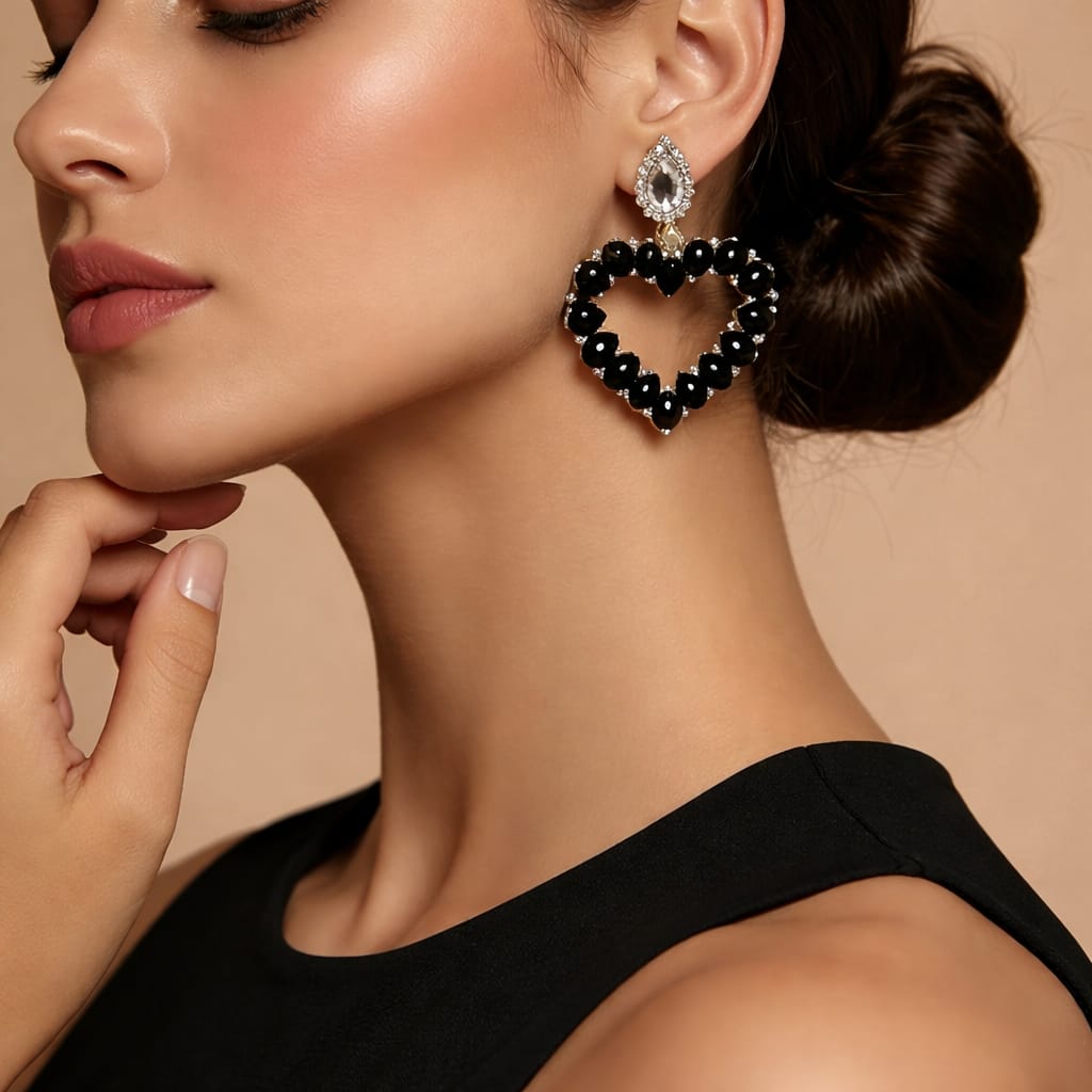 Orecchini Cuore nero e rosa strass