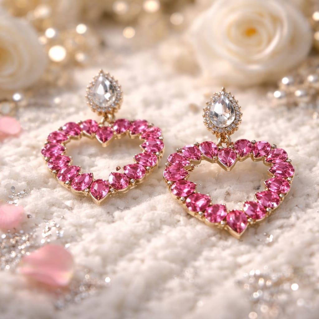 Orecchini Cuore nero e rosa strass